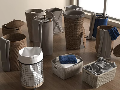 Various Woven Fabric and Metal Grid Storage Baskets for Organizing Laundry and Clothes with Handles 3d model