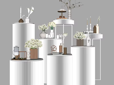 Modern Floral Display With White Cylindrical Pedestals And Decorative Arrangements 3d model