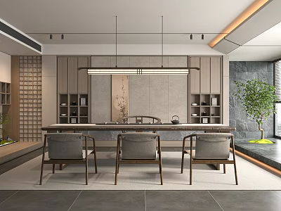 Elegant Modern Tea Room Interior With Wooden Table Chairs Bookshelves And Pendant Lighting 3d model