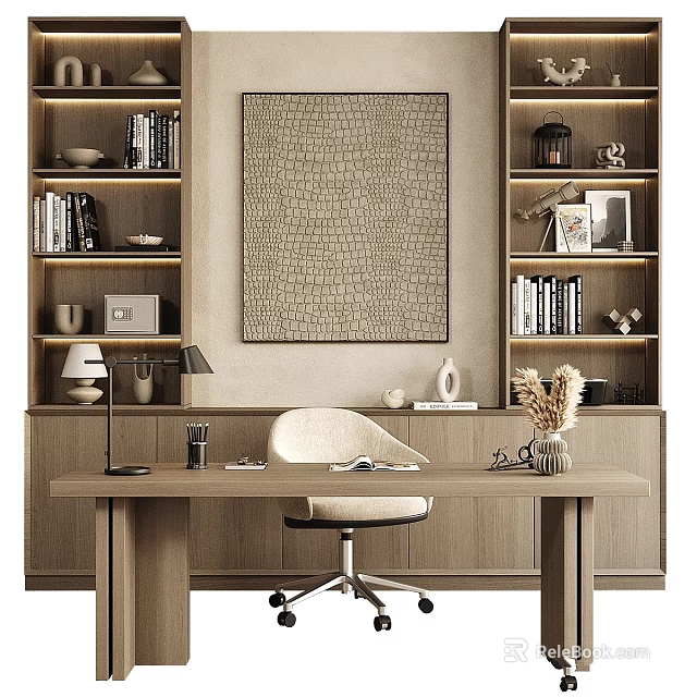 Modern Home Office Desk Chair Set With Wooden Bookshelves Wall Art And Table Lamp 3d model 