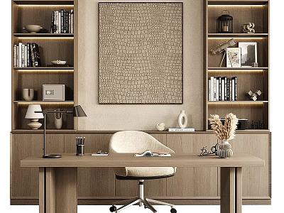 Modern Home Office Desk Chair Set With Wooden Bookshelves Wall Art And Table Lamp 3d model