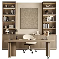 Modern Home Office Desk Chair Set With Wooden Bookshelves Wall Art And Table Lamp