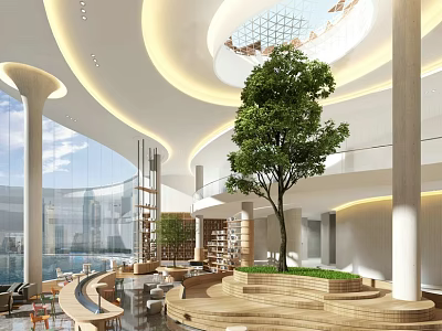 Modern Book Art Interior With Tree Bookcases And Curved Structures 3d model