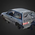 Abandoned Gray Hatchback Car With Rusty Body And Missing Wheels 3d model
