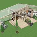 Outdoor Cafe Structure With Wooden Frame Transparent Roof Bar Counter And Green Plants