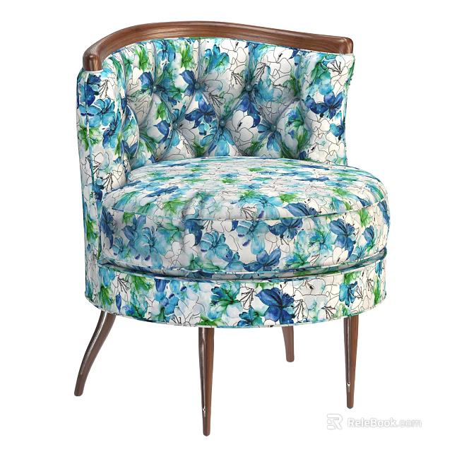 Floral Pattern Accent Chair In Blue Green White With Tufted Back And Curved Wooden Legs 3d model 