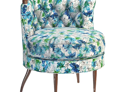 Floral Pattern Accent Chair In Blue Green White With Tufted Back And Curved Wooden Legs 3d model