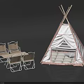 Outdoor Tepee Tent With Table And Four Chairs For Camping Setup 3d model
