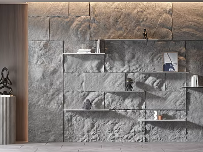 Open Wall Shelves With Books And Decorative Sculptures On Modern Textured Stone Wall 3d model