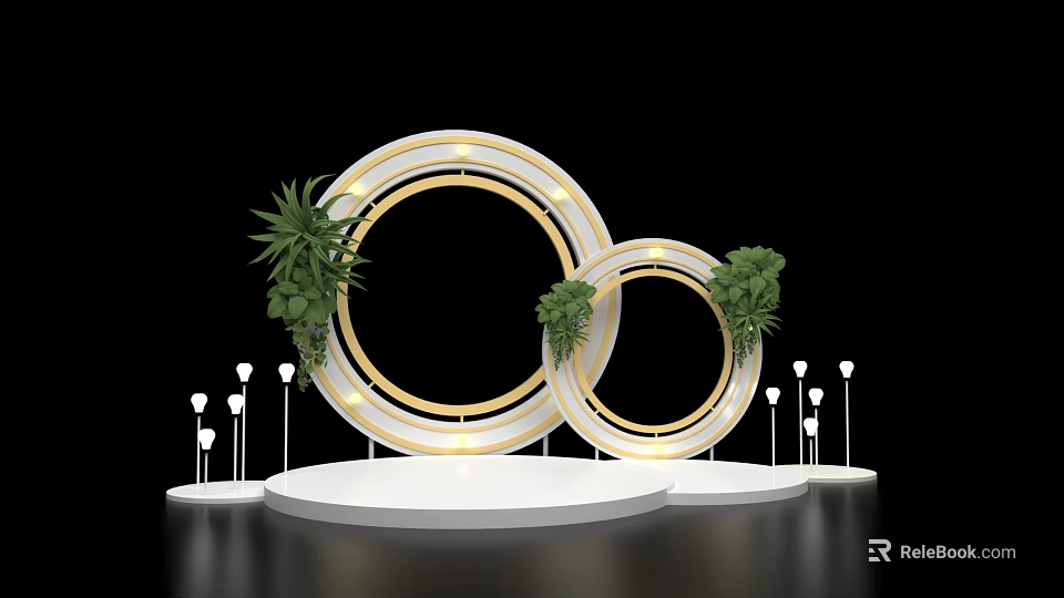 Circular Frames With Golden Borders White Light Strips And Green Plants On White Platforms 3d model