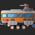 Cartoon Style Orange School Bus With Tracks And Mechanical Top Device