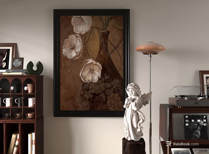 Oil Painting of White Flowers in Dark Vase as Vintage Interior Wall Art Decoration 3d model 