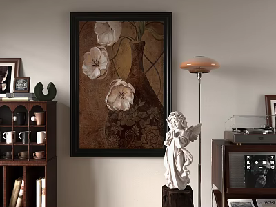 Oil Painting of White Flowers in Dark Vase as Vintage Interior Wall Art Decoration 3d model
