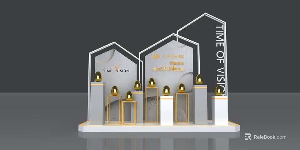 Commercial Display Equipment With Geometric Stands And Golden Egg Shaped Ornaments 3d model 
