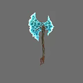 Blue Crystalline Axe Weapon With Wooden Handle And Glowing Edge Design