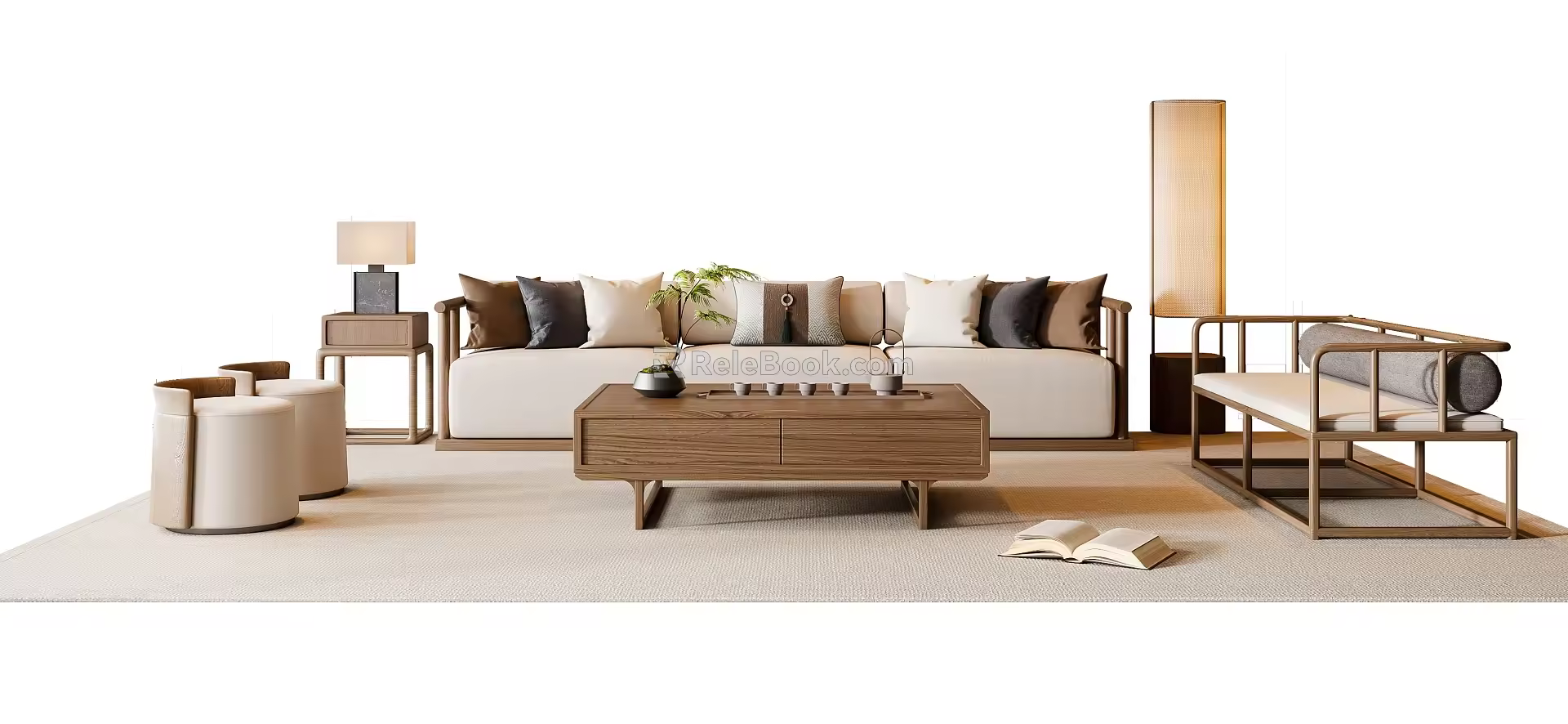New Chinese-style Song-style Sofa Coffee Table Combination Three-person Sofa Two-person Sofa Floor Lamp 3d model