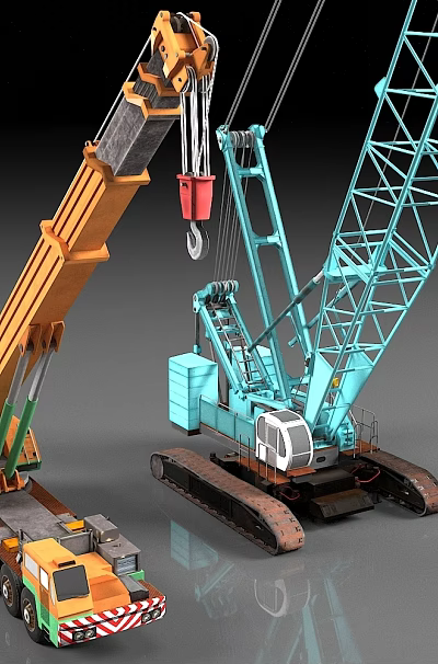 Yellow Mobile Crane and Blue Crawler Crane Functional Vehicles for Heavy Lifting Operations 3d model