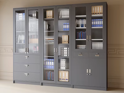 Grey Office Filing Cabinet With Glass Doors Drawers And Organized Folders Books 3d model