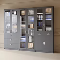 Grey Office Filing Cabinet With Glass Doors Drawers And Organized Folders Books