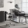 Modern Barber Salon Interior With Black Leather Chair Silver Tools Cabinet And Decorative Painting