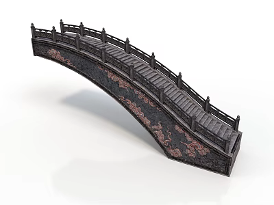 Traditional Dark Colored Arch Bridge With Stone Railings And Decorative Patterns 3d model