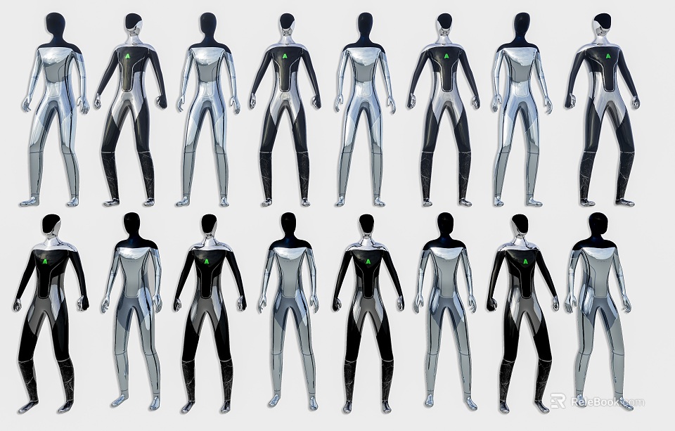 Smart Machine Humanoid Robot Designs With Various Silver Black And Green Accent Styles 3d model 