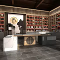 Traditional Chinese Style Specialty Store Interior With Wooden Shelves And Marble Display Counter