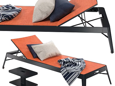 Modern Orange Cushioned Lounge Chair With Black Frame Pillows And Striped Blanket 3d model