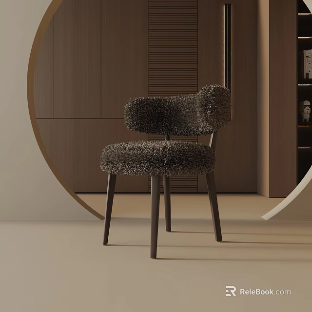Plush Modern Dining Chair With Furry Upholstery And Dark Wooden Legs In Minimalist Interior 3d model 