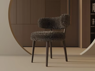 Plush Modern Dining Chair With Furry Upholstery And Dark Wooden Legs In Minimalist Interior 3d model