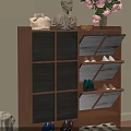 Wooden Shoe Cabinet With Multiple Compartments Holding Shoes And Decorative Flowers Statue