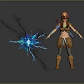 Woman In Leather Outfit With Fur Hat And Blue Lightning Effect Holding Bow