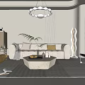 Modern Living Room Interior With White Sofa Yellow Armchair Circular Pendant Light And White Rug