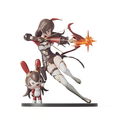 Archer Game Movie Character With Flaming Arrow And Little Rabbit Companion In Leather Outfit 3d model