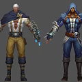 Game Movie Characters With Cloak Armor And Glowing Arm Devices In Different Outfit Colors