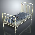 Vintage White Metal Frame Single Bed With Gray Mattress And Dark Blanket