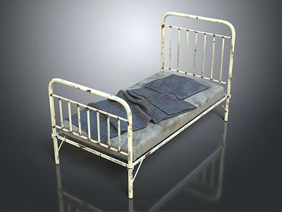 Vintage White Metal Frame Single Bed With Gray Mattress And Dark Blanket 3d model