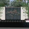 Scenic Feature Wall With Water Flow And Decorative Patterns Surrounded By Bamboo Greenery