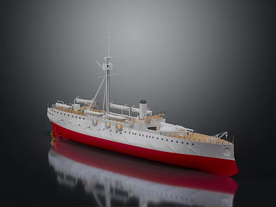 Warship Model With White Upper Hull Red Bottom Mast And Chimney On Dark Background Reflection 3d model