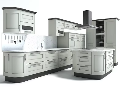Modern Kitchen Interior With Upper Lower Cabinets And Island Countertop 3d model