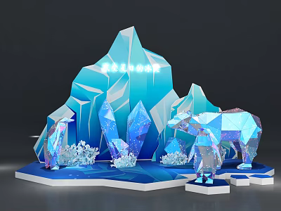 Ice Snow Theme Decor With Geometric Polar Bear Iceberg And Blue Crystals 3d model