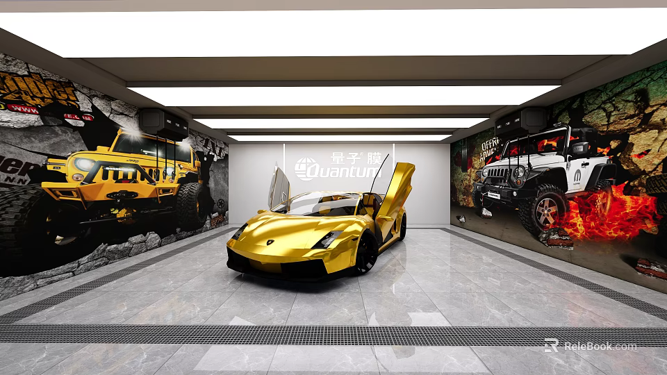 4S Store Showroom Displaying Golden Sports Car with Open Doors and Car Posters 3d model 