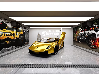 4S Store Showroom Displaying Golden Sports Car with Open Doors and Car Posters 3d model