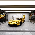 4S Store Showroom Displaying Golden Sports Car with Open Doors and Car Posters