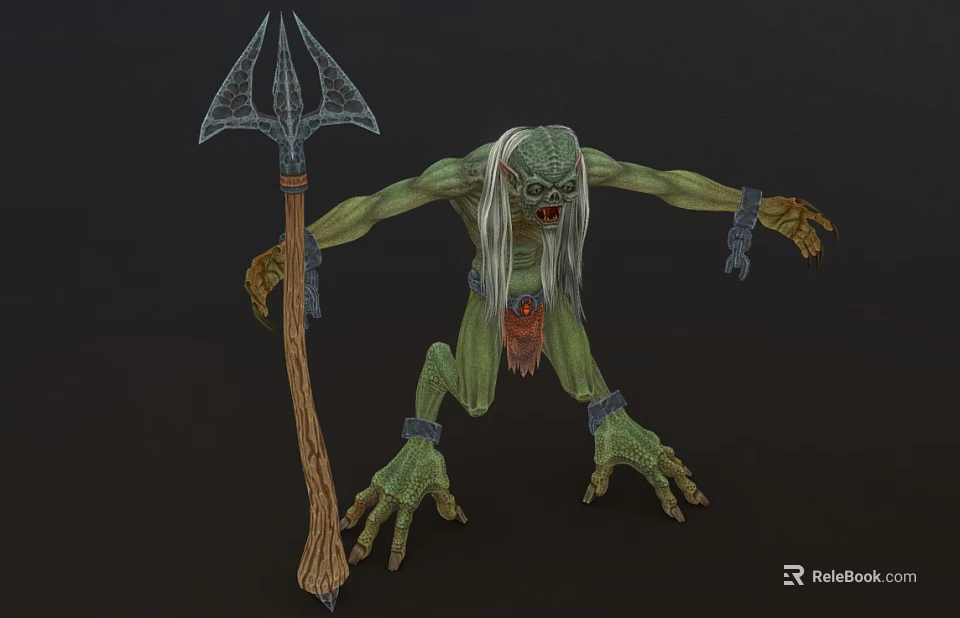 Green Skinned White Haired Mythical Creature With Trident Staff In Game And Movie Roles 3d model 