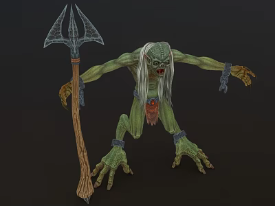 Green Skinned White Haired Mythical Creature With Trident Staff In Game And Movie Roles 3d model