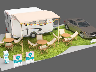 Camping Caravan Setup With Car Outdoor Tables Chairs Awning And Wave Signboards On Grass 3d model