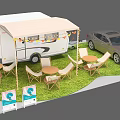 Camping Caravan Setup With Car Outdoor Tables Chairs Awning And Wave Signboards On Grass