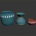 Handcrafted Carved Ceramic Vases in Turquoise Blue Red with White Diamond Patterns
