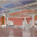 Colorful Modern Specialty Store Open Space With Hanging Transparent Installations Orange Grid And White Platforms
